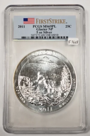 2011 5 oz Silver ATB America Beautiful Glacier Park - PCGS MS 69 PL - F7668