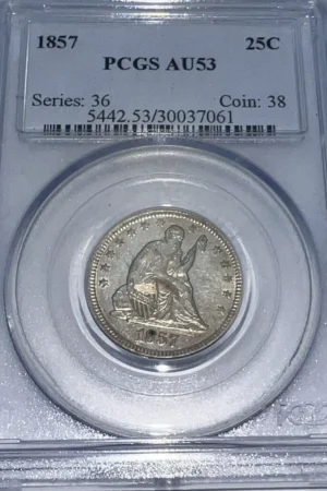 1857 P Liberty Seated Quarter Dollar Early Blue Label