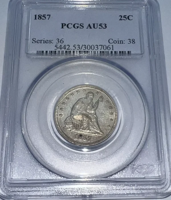 1857 P Liberty Seated Quarter Dollar Early Blue Label
