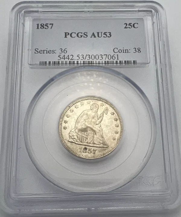 1857 P Liberty Seated Quarter Dollar Early Blue Label